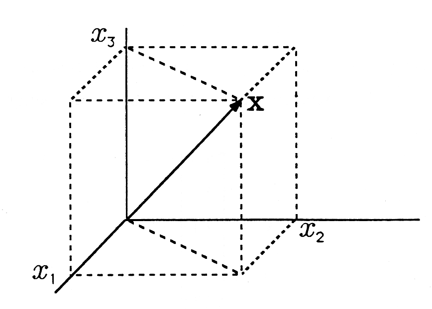 Figure one shows a vector in R^3, a three-dimensional graph. The axis pointing towards the screen is labeled x_1, the axis pointing to the right is labeled x_2, and the axis pointing up is labeled x_3. An arrow points out into the positive direction of all three axes, up, towards the screen, and to the right. Its endpoint is labeled x, and dashed line segments are drawn back from this point to respective points on the axes and on the x_1 x_2 plane, showing its location.