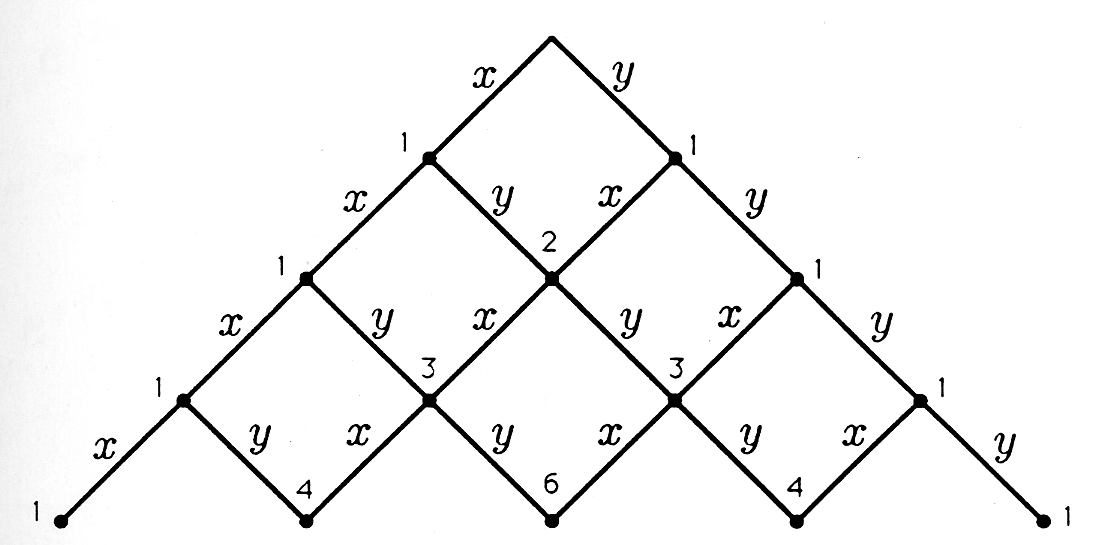 Figure two is a series of connected points forming pascal's triangle. From a top vertex, a point extends to the left and right at 45 degree angles. These lines continue only for a short distance, where they stop at a point and split to form two new lines at 45 degree angles to the left and right. This continues through four steps, forming a series of triangles and squares. Every line drawn towards the right is labeled, y, and every line drawn towards the left is labeled x. The points on the outside of the figure are labeled 1, and the points on the inside of the figure are labeled with the addition of the numbers to their upper-right and upper-left, 2 in the center, 3, and 3 below the 2, and 4, 6, 4 on the inside of the bottom row.