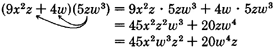 Finding the product of the binomial 'nine x squared z plus four w' and the product of 'five z and w cubed,' using the distributive property. See the longdesc for a full description.