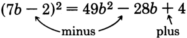 The square of the binomial 'seven b minus two' is equal to forty-nine b squared minus twenty-eight b plus four. The sign inside the parentheses and the sign of the middle term of the trinomial are the same, and are labeled as 'minus.' The sign of the last term of the trinomial is labeled as 'plus.'