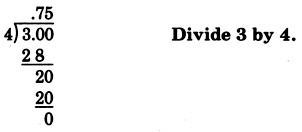 A long division problem showing four dividing three point zero zero. See the longdesc for a full description.