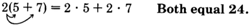 The product of two and the expression, five plus seven, is equal to the sum of the products of two and five, and two and seven. The distributive property is shown by the arrows from two to each term of the expression five plus seven in the product. A comment 'Both equal twenty four' is written on the right side of the equation.