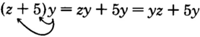 The product of the expression z plus five, and y, is equal to zy plus five y which is further rewritten as yz plus five y. The distributive property is shown by the arrows from the y to each term of the expression z plus five in the product.