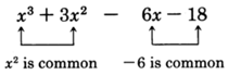 The polynomial 'x cubed plus three x squared minus six x minus eighteen'. The first two terms of the polynomial have x square in common, and the last two terms of the polynomial have negative six in common.