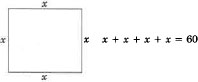 A square with side of length x and an equation x plus x plus x plus x equals sixty next to the square.