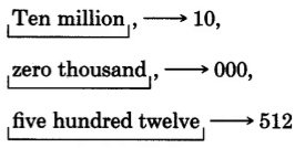 Ten million, zero thousand, fife hundred twelve, separated by periods, with their corresponding numbers to the side of each period.