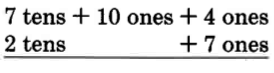 Vertical subtraction. 7 tens + 10 ones + 4 ones, over 2 tens + 7 ones.