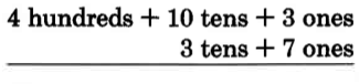 Vertical subtraction. 4 hundreds + 10 tens + 3 ones, minus 3 tens + 7 ones.