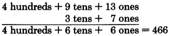 Vertical subtraction. 4 hundreds + 9 tens + 13 ones, minus 3 tens + 7 ones = 4 hundreds + 6 tens + 6 ones, equal to 466.