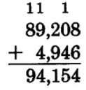 89,208 + 4,946 = 94,154. Above the tens, thousands, and ten-thousands columns are carried ones.