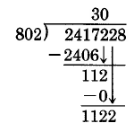 The second step of a long division problem. 802 goes into 112 0 times, so a zero is placed above, and the next digit is brought down.