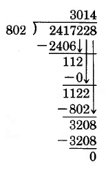 The third step of a long division problem. 2417228 divided by 802. 802 goes into 2417 approximately 3 times, with a remainder of 11. The hundreds digit of 2417228 is then brought down to adjoin the 11. 802 goes into 112 0 times, so a zero is placed above, and the next digit is brought down. 802 goes into 1122 once, so a 1 is placed above and the ones digit is brought down. 802 goes into 3208 4 times, leaving a remainder of 0.