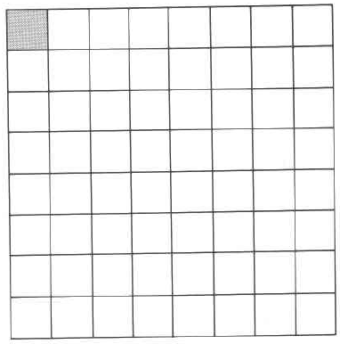 A rectangle divided into sixty-four parts in a pattern of eight rows and eight columns. One part is shaded.