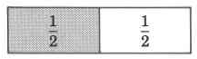 A rectangle equally divided into two parts. Both parts are labeled one-half. One of the parts is shaded.