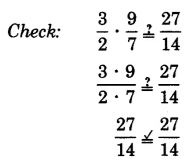 Check: is three halves times nine sevenths equal to twenty-seven fourteenths? Yes.