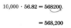 10,000 times 56.82 equals 568200. An arrows shows  how the decimal in 56.82 is moved four digits to the right to make 568,200.