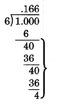 Long division. 1 divided by six equals .166