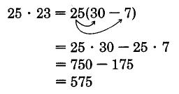 25 times 23 equals 25 times the quantity 30 minus 7. This is equal to 25 times 30 minus 25 times 7. This is equal to 750 minus 175. This is equal to 575.