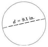 A circle with a line through the middle, ending at the edges of the circle. The line is labeled, d = 9.1in.