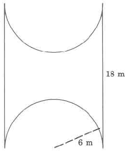 A shape best described as a rectangle with two half-circle slices taken out of the top and bottom. The rectangle's height is 18m, and the radius of the circles is 6m.