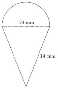 A shape best described as an ice cream cone, or a triangle with a half-circle attached to the top. The sides of the triangle are measured to be 14mm, and the diameter of the half-circle is 10mm.