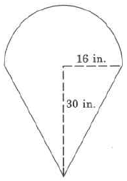 A triangle with a half-circle on top, resembling an ice cream cone. The triangle's height is 30in, and the circle's radius is 16in.