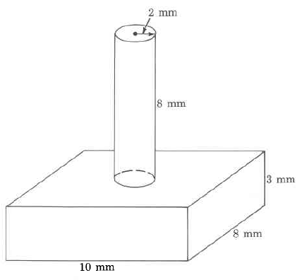 A rectangular solid with a cylinder sitting on top of it. The cylinder's height is 8mm, and its radius is 2mm. The rectangular prism's height is 3mm, its length is 8mm, and its width is 10mm.