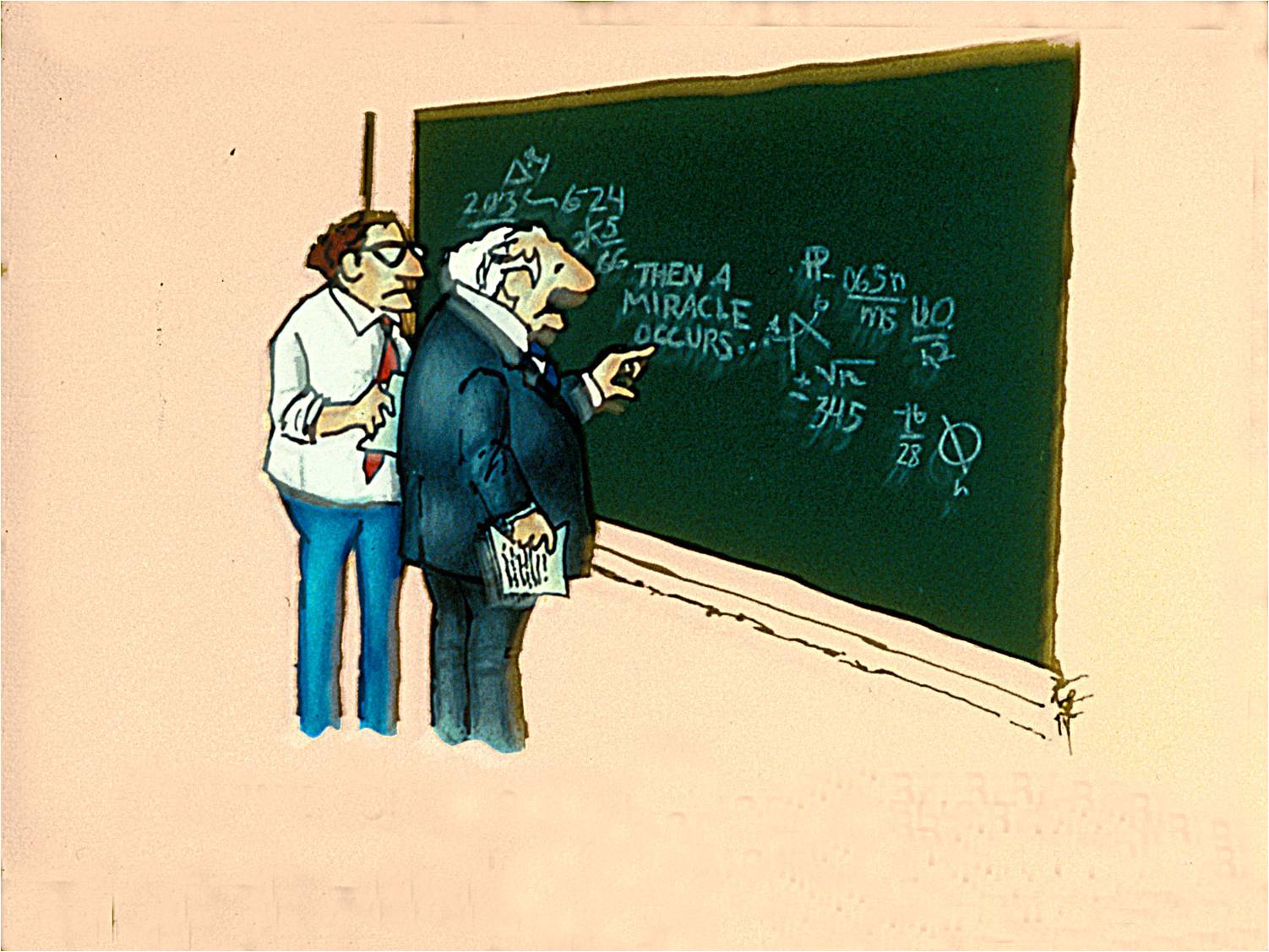 In the midst of some sophisticated equations on a board stands 'Then a miracle occurs...'