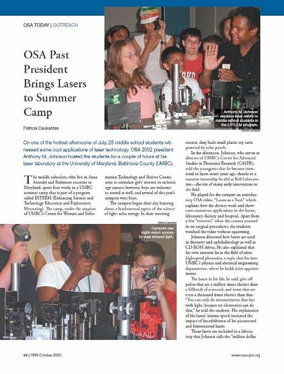 Headline: OSA Past President Brings Lasers to Summer Camp. Pictures Anthony Johnson with middle schoolers around a laser setup.