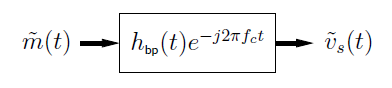 This is a simple flowchart, with movement from m-tilde(t), to a box labeled h_bp(t)e^-j2πf_ct, to v-tilde_s(t).