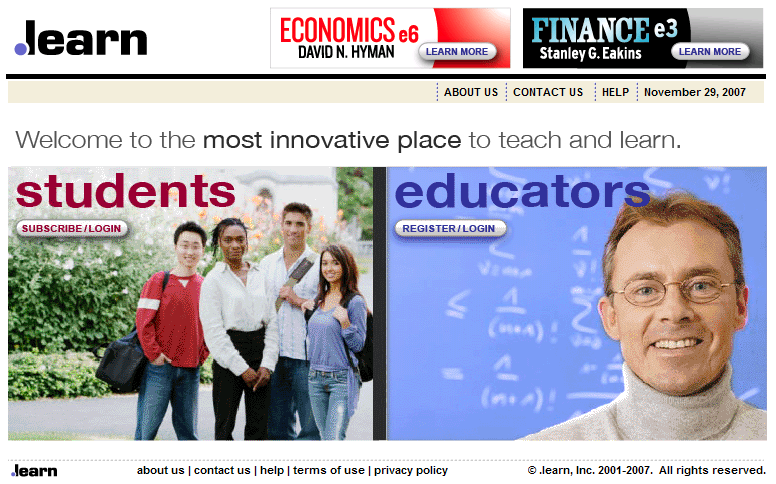 The front page of the online day website. On the top of the screen cap is the dot learn banner. Underneath the banner is a general website menu bar. Below the mean bar is the phrase Welcome to the most innovative place to teach and learn. There are two images situated horizontally. On the left is an image of four people with the word students in the upper left hand corner of the image. The right image has the image an respectively older person and the word educators in the upper left hand corner.