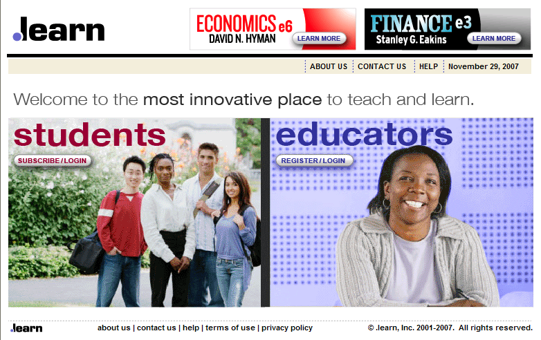 The front page of the online day website. On the top of the screen cap is the dot learn banner. Underneath the banner is a general website menu bar. Below the mean bar is the phrase Welcome to the most innovative place to teach and learn. There are two images situated horizontally. On the left is an image of four people with the word students in the upper left hand corner of the image. The right image has the image an respectively older person and the word educators in the upper left hand corner.