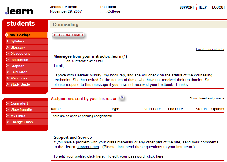 A website showing a typical student's main page on the Online Day website. There is a red menu on the left hand side and the body of the page consist of boxes containing messages from professors and assignments.