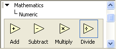A screen capture of a window containing a hierarchical list, beginning with Mathematics, and below it, numeric. Below the list are four objects, which are yellow triangles containing operators, and they are labeled add, subtract, multiply, and divide.