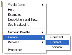 A screen capture of the pop-up menu out of the subtract triangle, with the option Create, then Control selected.