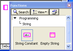 A screen capture of a window titled functions, with buttons to search and view, a hierarchical list beginning with Programming, then String, and two objects, labeled string constant and empty string.