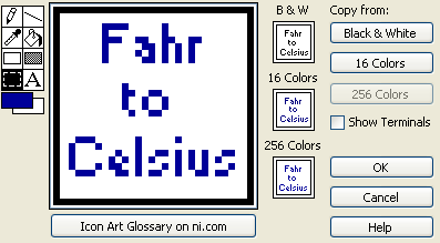 The icon editor screen. There is a large white box with the large text, Fahr to Celsius. To the left is a palette with options to draw with different colors, fills, and shapes. To the right are smaller boxes replicating the large box, labeled, B and W, 16 colors, and 256 colors.