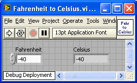 A screenshot of a window titled, Fahrenheit to Celsius, with standard window options, and containing the input and output values for fahrenheit and celsius.
