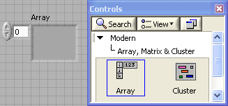 A two-part screenshot. The left side is a grey grid containing one white box, containing the value 0, and one larger grey box, labeled Array. The right side is a window titled, controls, containing a hierarchical list, beginning with Modern, and continuing with Array, matrix, and cluster. Below the list are two objects, labeled Array and Cluster.