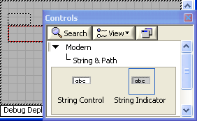 A screen capture of a window titled controls, with buttons to search and view, a hierarchical list beginning with Modern, then String and Path, and two objects, labeled string control and string indicator.