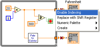 A gray square containing a blue boxed 'i' in the lower left corner and a green boxed red circle. There are also several icons inside the box including a orange boxed '20' and a triangle box containing an 'x' and another containing a sideways 'w'. There is also an orange boxed '300' and a box containing 'fahr to celsius'. Lines connect all of these icons together. There are On the right of this box there are two icons. The upper icon is labeled 'fahrenheit' and the bottom icon is labeled 'celsius'. The lines that connect the gray box to the right side icons are broken with red x's. There is a menu overlaid on the diagram with the item 'Enable Indexing'.