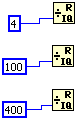 A three-part diagram connecting numbers to operations. The first is the number 4 inside a blue box that is connected with a line segment to an operation named quotient and remainder. The second is the number 100 inside a blue box that is connected with a line segment to an operation named quotient and remainder. The third is the number 400 inside a blue box that is connected with a line segment to an operation named quotient and remainder.