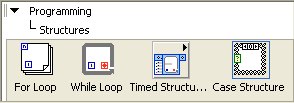 A screen capture of a hierarchical list, beginning with programming, and continuing with  structures. Below the list are four objects, labeled, for loop, while loop, timed structure, case structure.