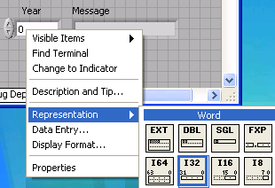 A screen capture of a window with a grey grid enclosing two input or output boxes, labeled year, and message. A pop-out menu from the year box is visible, with the selection, representation, then word, then an object labeled I32 highlighted.