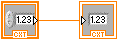 An orange square attached to another orange square on the right via an orange line. The bottom of the square contains the letters 'CXT'.