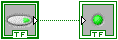 A green square with a horizontal oval attached to another green square which contains a green circle, on the right via an green line. The bottom of the square contains the letters 'TF'.