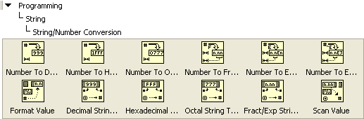 A 2x6 table of icons contained in the directory hierarchy 'Programming', 'Sting' and 'String/Number Conversion'.