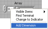An array form overlaid with a menu. The item 'Add Dimension' is highlighted in blue.