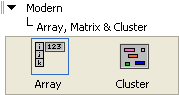 An array structure. The top level listing of the array is labeled Modern and underneath that level is Array, Matrix & Cluster. This level is identified by two icons in a gray shaded rectangle. The icon on the left is labeled Array and the icon on the right is labeled Cluster.