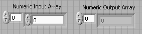 A form with two sets of two fields. The left form is labeled 'Numeric Input Array' with the values '0' and '0'. The right form is labeled 'Numeric Output Array' with both values being '0'.